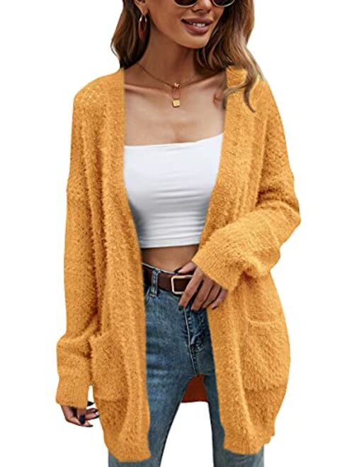 ECOWISH Womens Color Block Striped Draped Kimono Cardigan Long Sleeve Open Front Casual Knit Sweaters Coat Soft Outwear