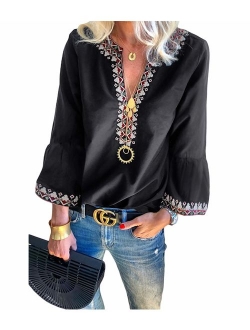 MANSY Women's Sexy V Neck Boho Embroidered Shirts Long Sleeve Casual Tops Blouse