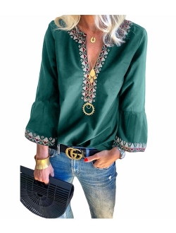 MANSY Women's Sexy V Neck Boho Embroidered Shirts Long Sleeve Casual Tops Blouse