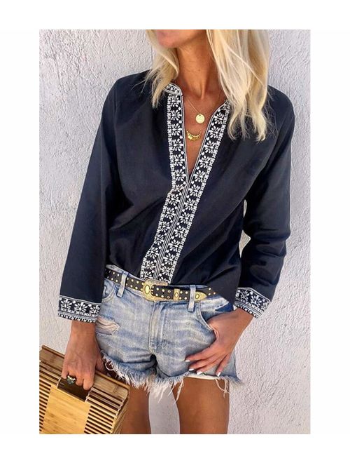 MANSY Women's Sexy V Neck Boho Embroidered Shirts Long Sleeve Casual Tops Blouse