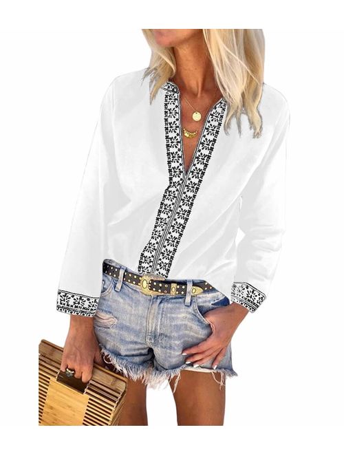 MANSY Women's Sexy V Neck Boho Embroidered Shirts Long Sleeve Casual Tops Blouse