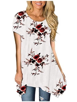 MIROL Womens Summer Short Sleeve Floral Print Irregular Hem Asymmetrical Loose Fit Tunic Tops