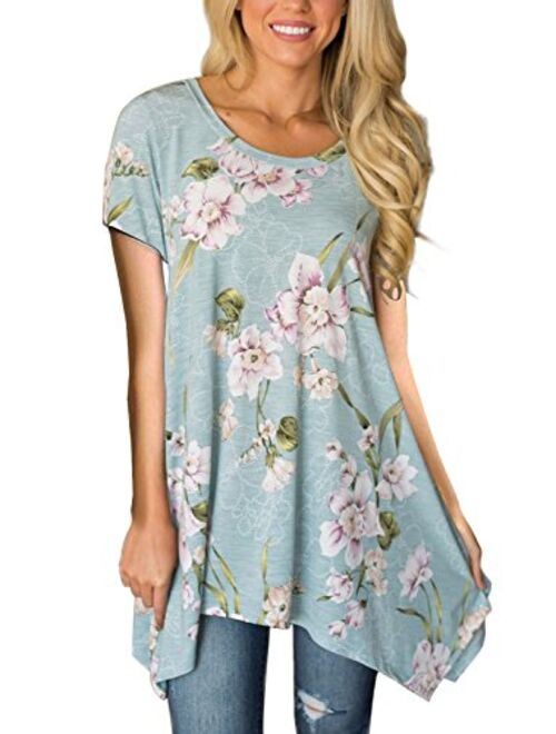 MIROL Womens Summer Short Sleeve Floral Print Irregular Hem Asymmetrical Loose Fit Tunic Tops