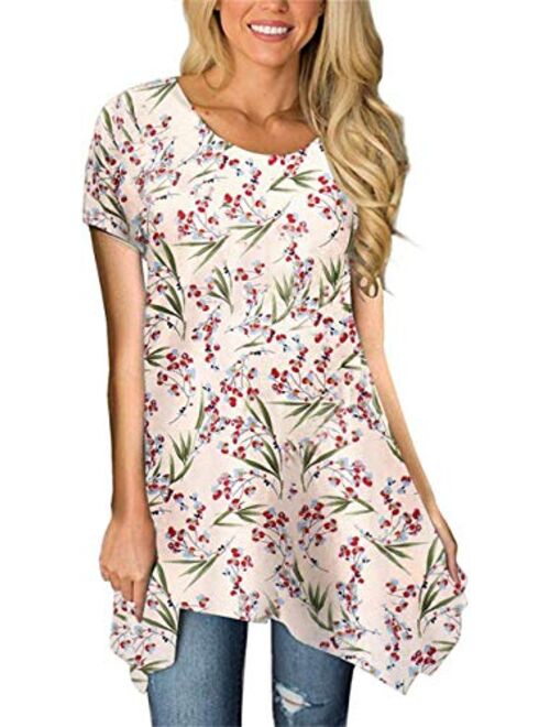 MIROL Womens Summer Short Sleeve Floral Print Irregular Hem Asymmetrical Loose Fit Tunic Tops