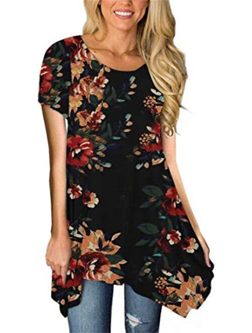 MIROL Womens Summer Short Sleeve Floral Print Irregular Hem Asymmetrical Loose Fit Tunic Tops