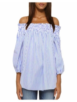 ZANZEA Women's Off Shoulder Loose 3/4 Sleeve Ruched Tie Cuff Tops Tunic Shirt Blouse