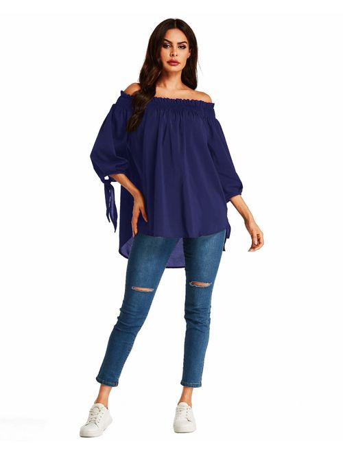 ZANZEA Women's Off Shoulder Loose 3/4 Sleeve Ruched Tie Cuff Tops Tunic Shirt Blouse