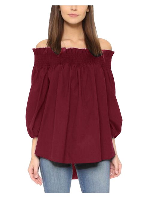 ZANZEA Women's Off Shoulder Loose 3/4 Sleeve Ruched Tie Cuff Tops Tunic Shirt Blouse