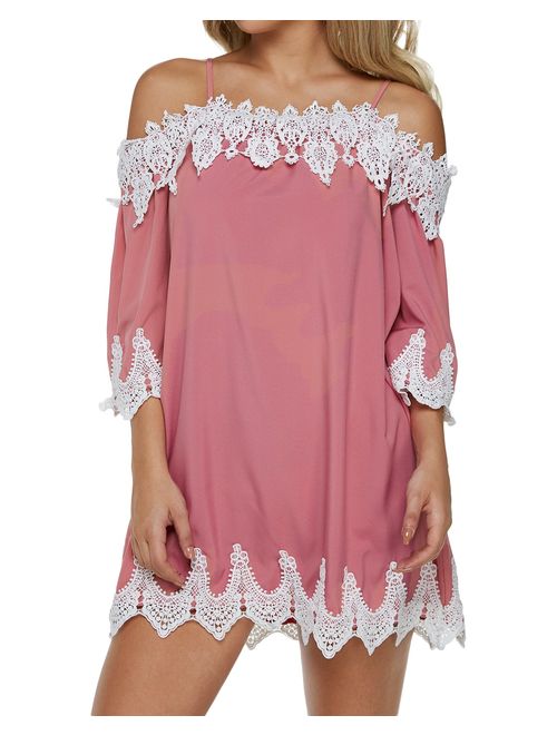 ZANZEA Women's Off Shoulder Loose 3/4 Sleeve Ruched Tie Cuff Tops Tunic Shirt Blouse