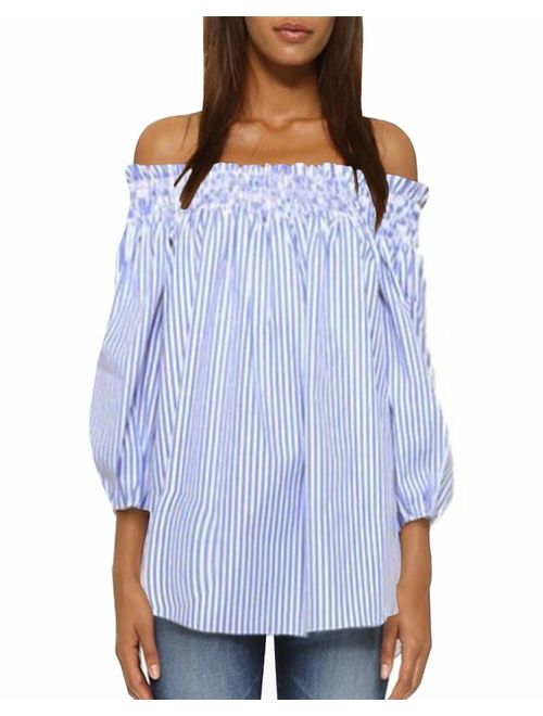 ZANZEA Women's Off Shoulder Loose 3/4 Sleeve Ruched Tie Cuff Tops Tunic Shirt Blouse