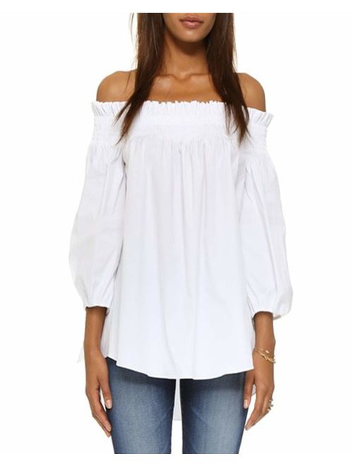 ZANZEA Women's Off Shoulder Loose 3/4 Sleeve Ruched Tie Cuff Tops Tunic Shirt Blouse