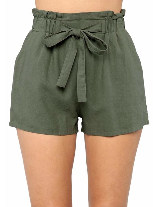 Yissang Women's Casual Loose Paper Bag Waist Shorts with Bow Tie Belt Pockets