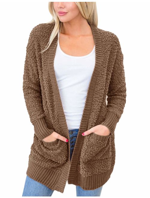 MEROKEETY Women's Long Sleeve Soft Chunky Knit Sweater Open Front Cardigan Outwear with Pockets