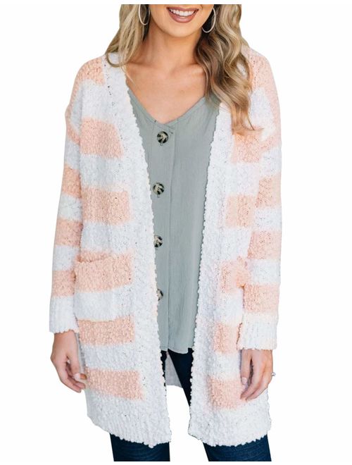 MEROKEETY Women's Long Sleeve Soft Chunky Knit Sweater Open Front Cardigan Outwear with Pockets