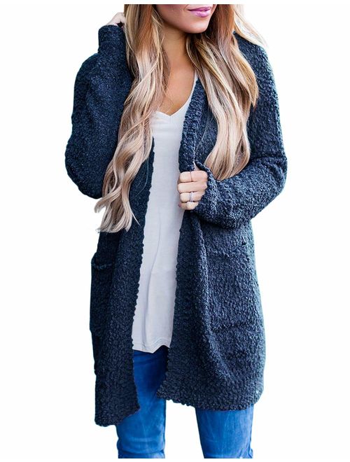 MEROKEETY Women's Long Sleeve Soft Chunky Knit Sweater Open Front Cardigan Outwear with Pockets