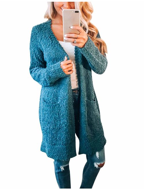 MEROKEETY Women's Long Sleeve Soft Chunky Knit Sweater Open Front Cardigan Outwear with Pockets