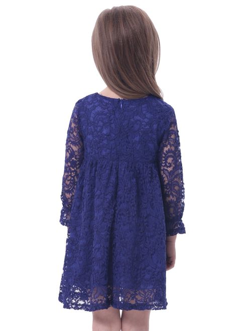 BONNY BILLY Girl's A-Line Long Sleeve Blue Lace Kid Dress