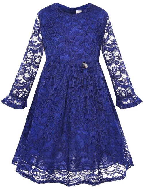 BONNY BILLY Girl's A-Line Long Sleeve Blue Lace Kid Dress