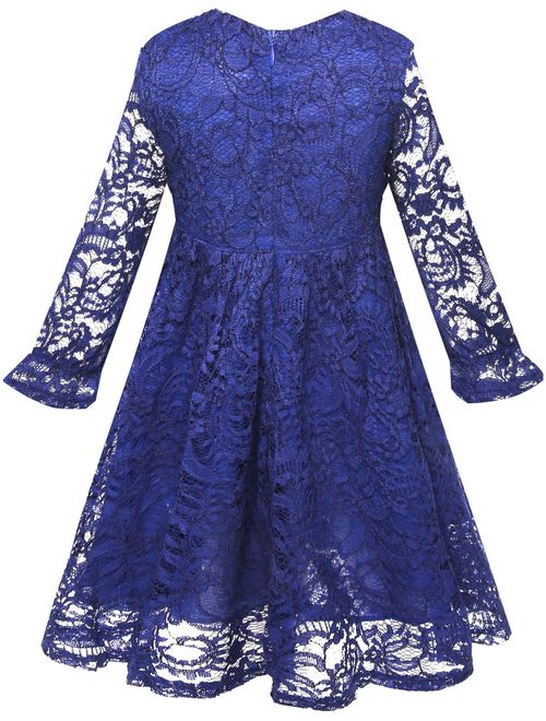 BONNY BILLY Girl's A-Line Long Sleeve Blue Lace Kid Dress