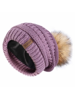 Winter Slouchy Beanie Hats Women Fleece Lined Warm Ski Knitted Pom Pom Hat