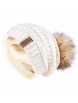 Winter Slouchy Beanie Hats Women Fleece Lined Warm Ski Knitted Pom Pom Hat