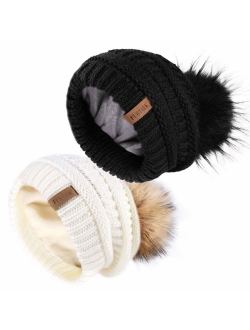 Winter Slouchy Beanie Hats Women Fleece Lined Warm Ski Knitted Pom Pom Hat