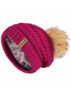 Winter Slouchy Beanie Hats Women Fleece Lined Warm Ski Knitted Pom Pom Hat