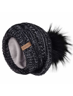 Winter Slouchy Beanie Hats Women Fleece Lined Warm Ski Knitted Pom Pom Hat