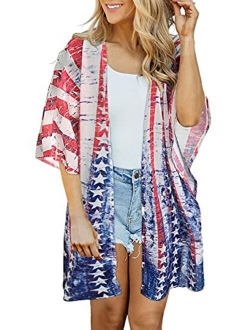 Women's Floral Print Puff Sleeve Kimono Cardigan Loose Cover Up Casual Blouse Tops