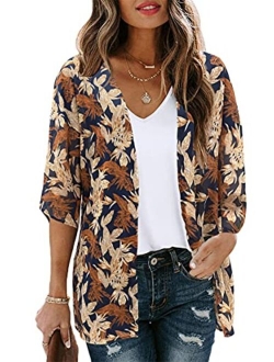 Women's Floral Print Puff Sleeve Kimono Cardigan Loose Cover Up Casual Blouse Tops