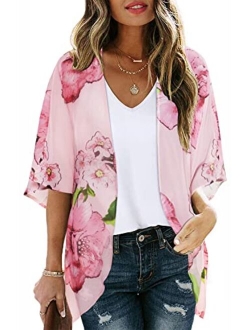 Women's Floral Print Puff Sleeve Kimono Cardigan Loose Cover Up Casual Blouse Tops