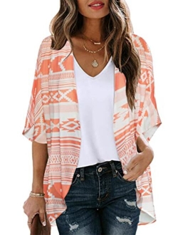 Women's Floral Print Puff Sleeve Kimono Cardigan Loose Cover Up Casual Blouse Tops