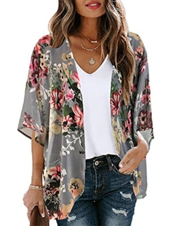 Women's Floral Print Puff Sleeve Kimono Cardigan Loose Cover Up Casual Blouse Tops