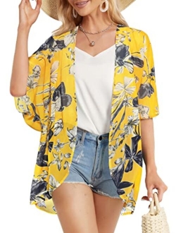 Women's Floral Print Puff Sleeve Kimono Cardigan Loose Cover Up Casual Blouse Tops