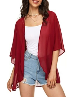 Women's Floral Print Puff Sleeve Kimono Cardigan Loose Cover Up Casual Blouse Tops