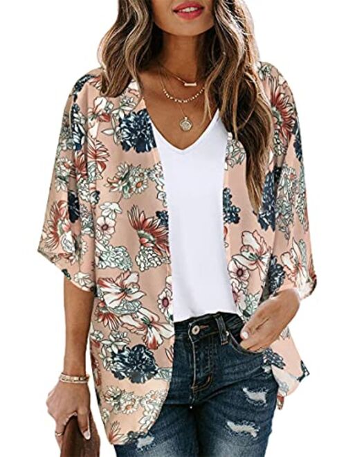 Women's Floral Print Puff Sleeve Kimono Cardigan Loose Cover Up Casual Blouse Tops