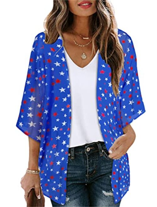 Women's Floral Print Puff Sleeve Kimono Cardigan Loose Cover Up Casual Blouse Tops