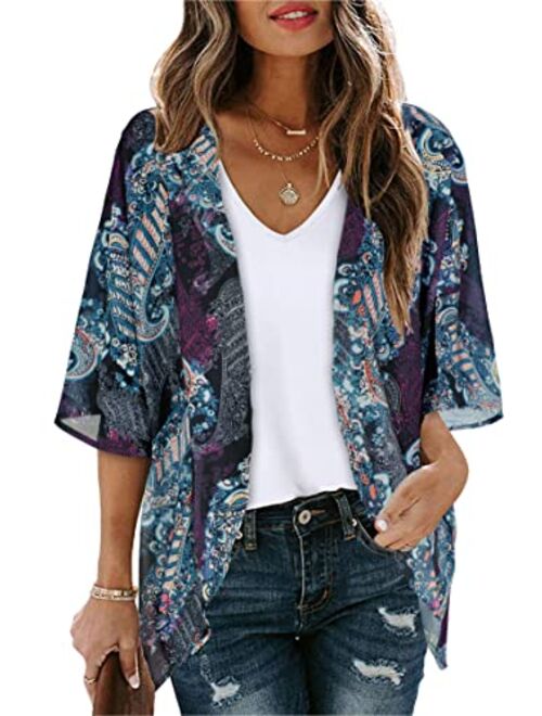 Women's Floral Print Puff Sleeve Kimono Cardigan Loose Cover Up Casual Blouse Tops