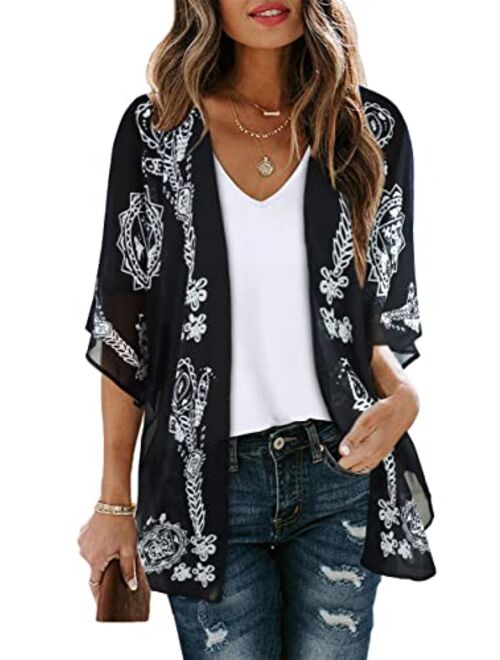 Women's Floral Print Puff Sleeve Kimono Cardigan Loose Cover Up Casual Blouse Tops