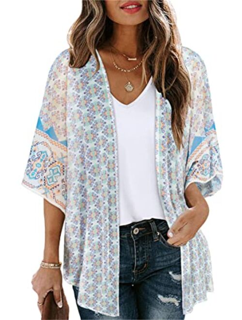 Women's Floral Print Puff Sleeve Kimono Cardigan Loose Cover Up Casual Blouse Tops