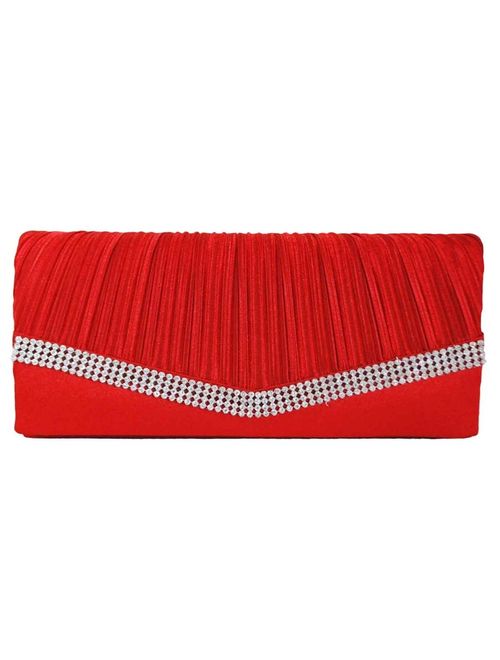 Chicastic Pleated Satin Wedding Evening Bridal Clutch Purse With Rhinestones