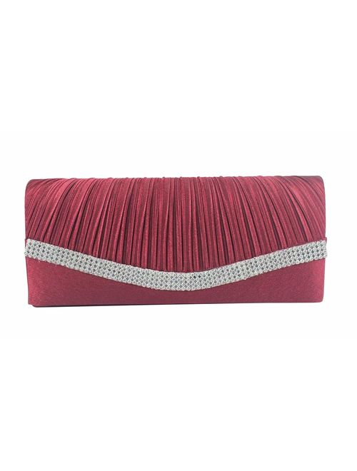 Chicastic Pleated Satin Wedding Evening Bridal Clutch Purse With Rhinestones