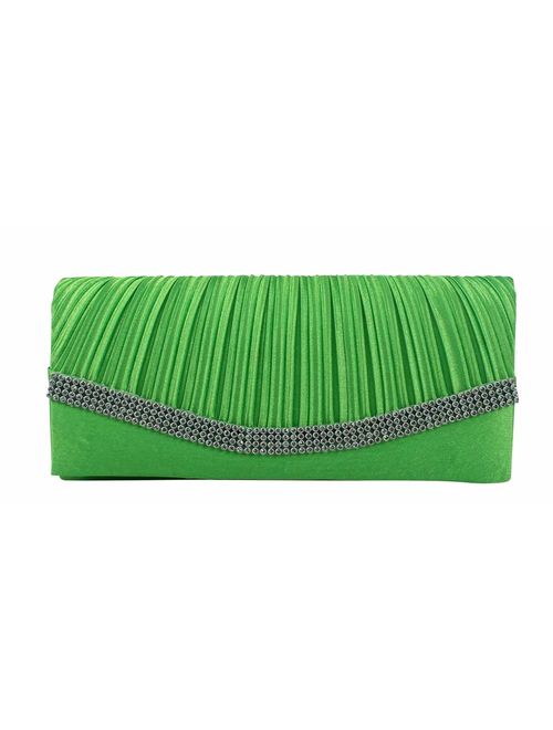 Chicastic Pleated Satin Wedding Evening Bridal Clutch Purse With Rhinestones