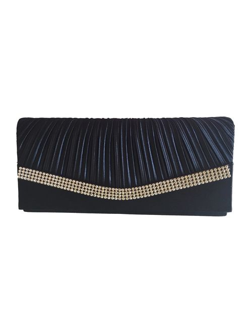 Chicastic Pleated Satin Wedding Evening Bridal Clutch Purse With Rhinestones