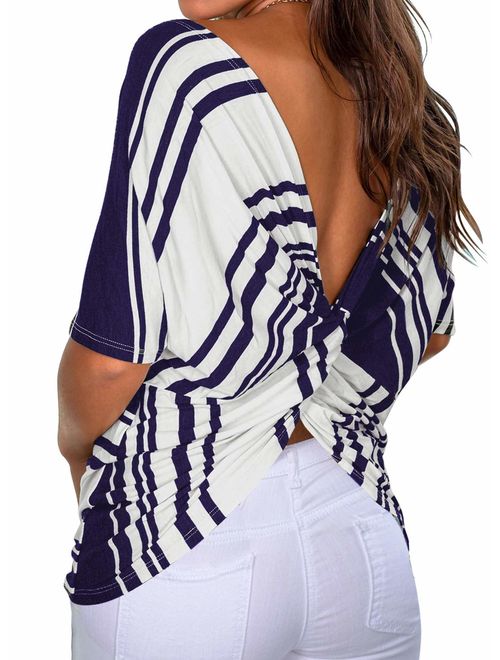 MIHOLL Women's Casual Striped Shirts Twist Knot Backless T-Shirt Tops