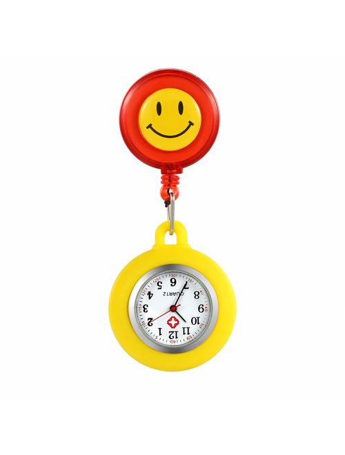 Women Retractable Nurse Watches Clip-on Hanging Lapel Silicone Jelly Fob Pocket Watch Cute Cartoon Smile Round Face Arabic Markers for Doctor Nurses