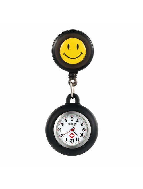 Women Retractable Nurse Watches Clip-on Hanging Lapel Silicone Jelly Fob Pocket Watch Cute Cartoon Smile Round Face Arabic Markers for Doctor Nurses