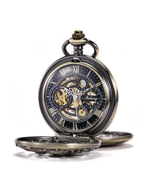 TREEWETO Mechanical Pocket Watch - Dream Dragon Skeleton Half Hunter Double Open Silver Case