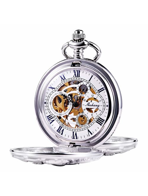 TREEWETO Mechanical Pocket Watch - Dream Dragon Skeleton Half Hunter Double Open Silver Case