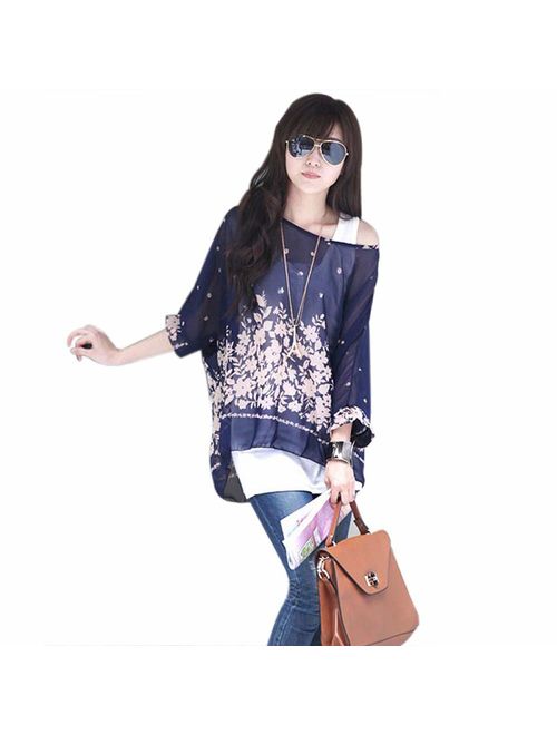 Cocobla Women Boat Neck Loose Dolman Sleeve Tops Bohemian Chiffon Blouse T Shirt